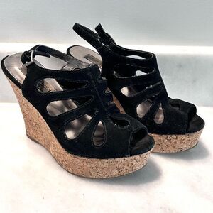 Steve Madden Womens Cork Wedge Adjustable Strappy Sandals Suede Black Size 6.5